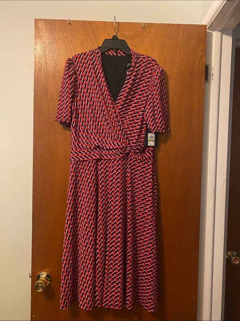 JH Design Size 14 Red Geometric Wrap Midi Dress with Tie Waist